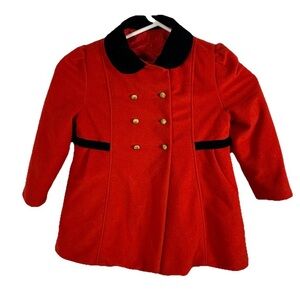 VTG Girls Red Peacoat Coat 3T / 4T Black‎ Velvet Bow Christmas Union Made USA